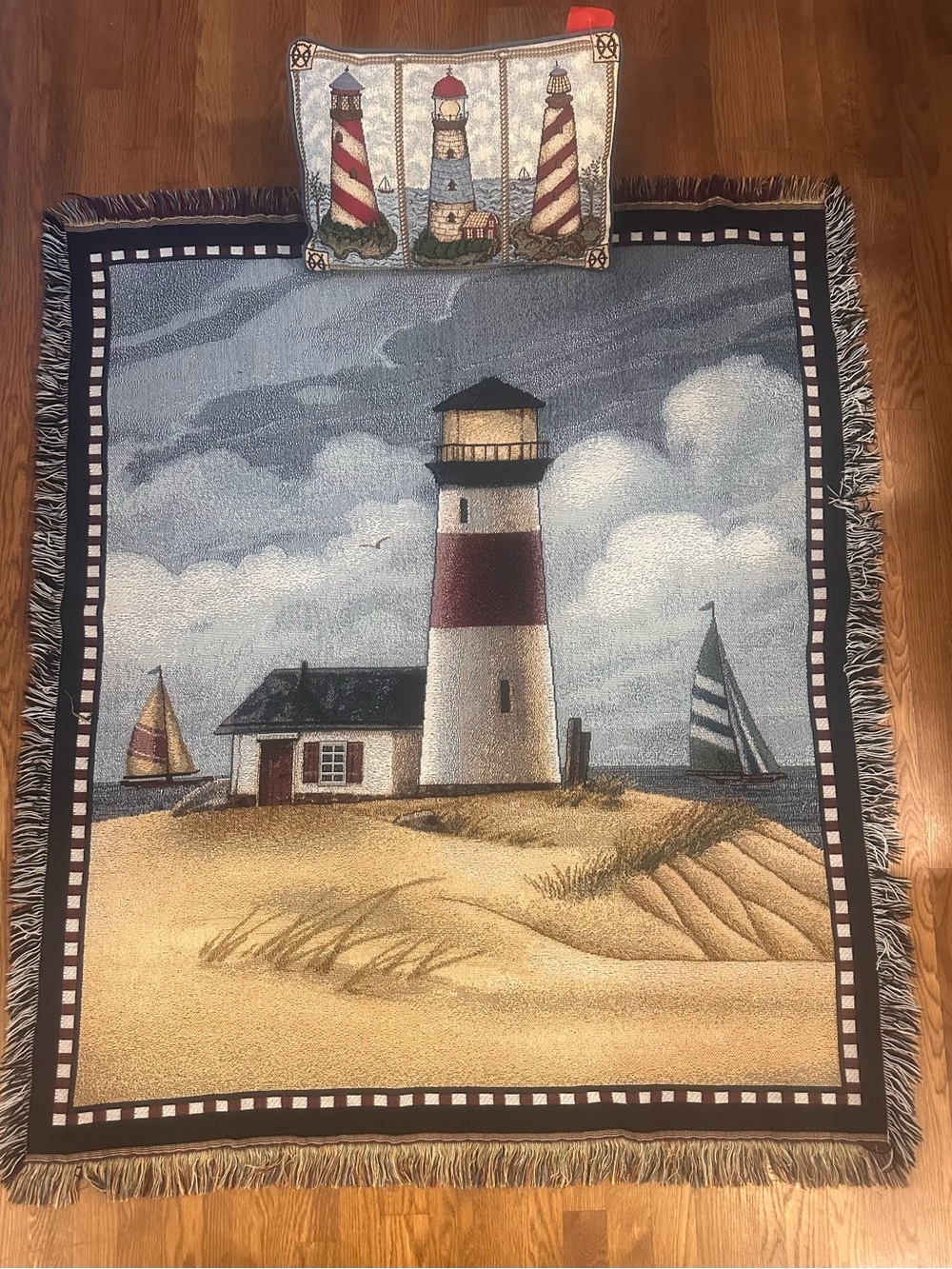 Vintage 80's Lighthouse Woven Tapestry Blanket 44x56 & Pillow Set Coastal